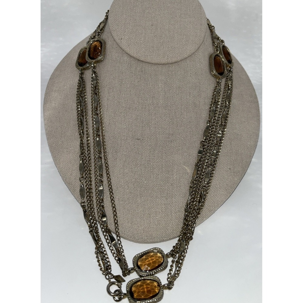 Vintage Sarah Coventry Necklace Faceted Amber Glass Multi Chain Long Signed Chic